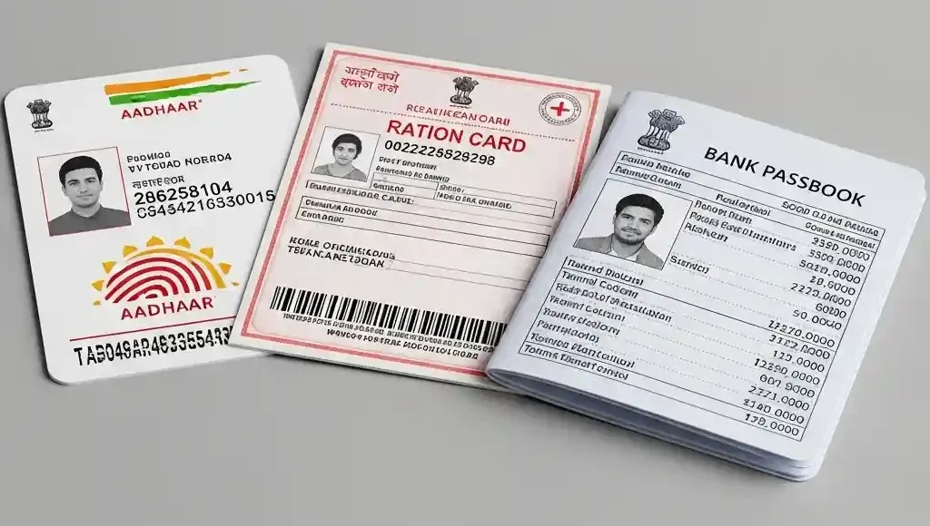 Documents required for Gruha Lakshmi Scheme application including Aadhaar, Ration Card, and bank passbook.. Gruha Lakshmi Scheme