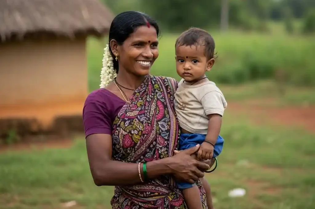 A happy woman beneficiary of the Karnataka Gruha Lakshmi Scheme.